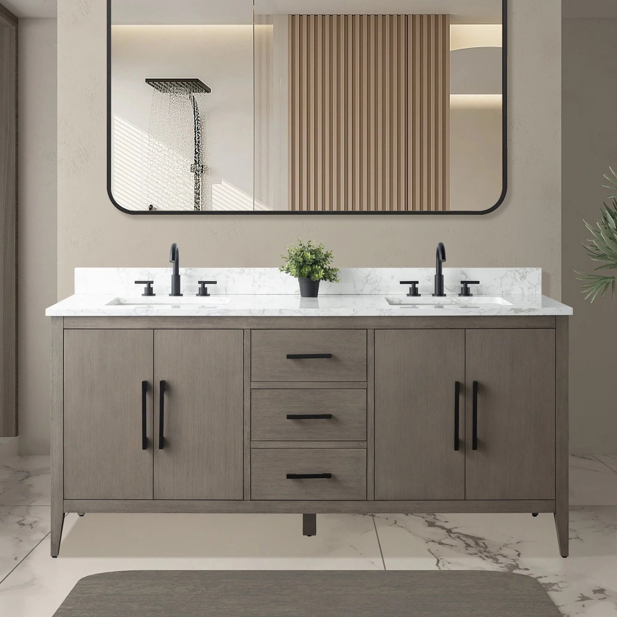 Mobile lavabo doppio Vanity Art 72 per bagno con piano in marmo composito