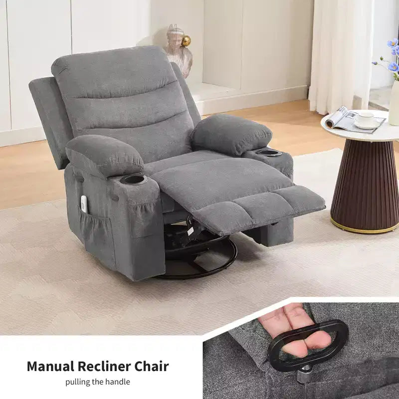 Poltrona Reclinabile Girevole a Dondolo con Massaggio e Riscaldamento, Girevole a 360° con Portabicchieri e Tasche Laterali, Divano Ergonomico per Soggiorno, Camper, Cameretta