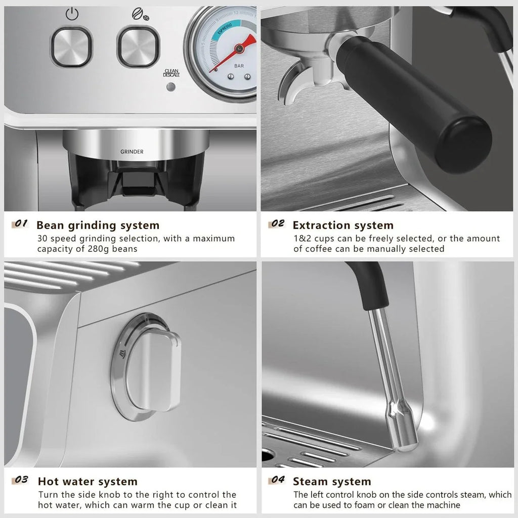 Macchina da Caffè Semi-automatica con Controllo Intelligente della Temperatura e Funzione Acqua Calda, 30 Impostazioni di Macinatura