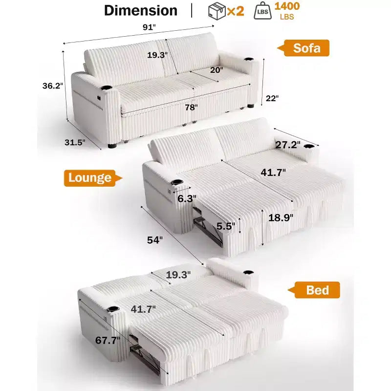 Divano Letto Sezionale Dyonery 91 con Letto Estraibile, Schienale Reclinabile/Due Letti Estraibili/Porte USB/Portabicchieri, Velluto a Coste Peluche