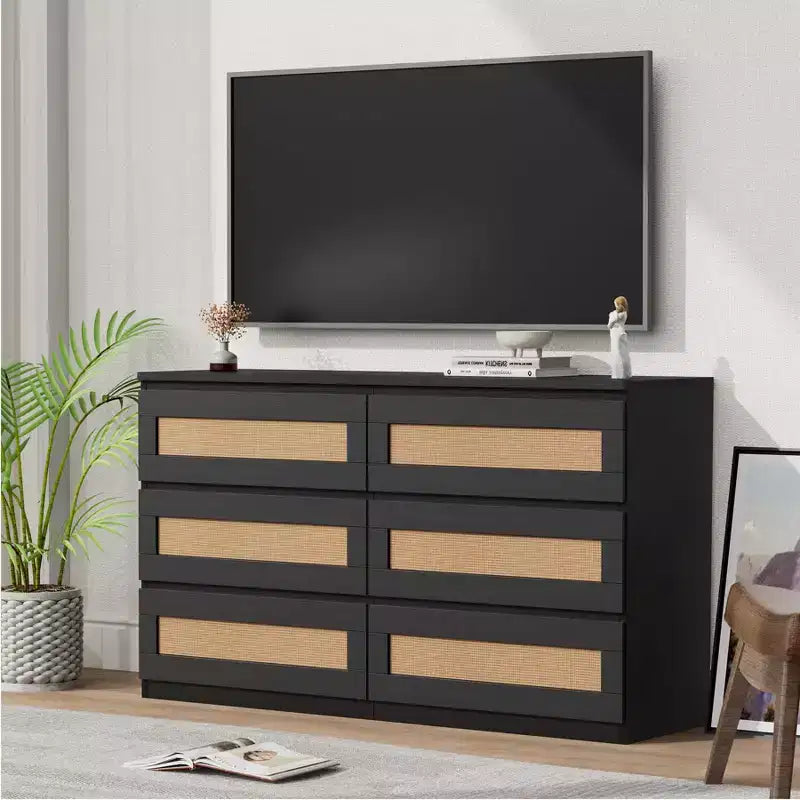 Cassettiera in Rattan per Camera da Letto con 6 Cassetti, Comò Largo Moderno in Stile Fattoria da 120 cm, Mobile Contenitore in Legno per Armadio, Soggiorno, Corridoio