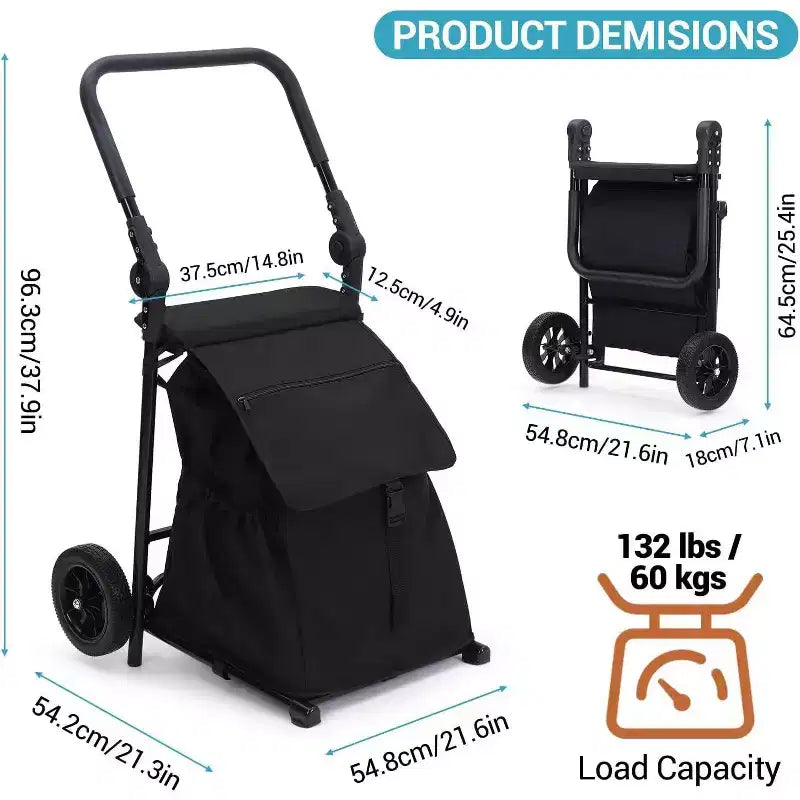 Carrello Portapacchi Pieghevole Acekool 2 in 1 con Borsa Impermeabile Rimovibile, Sedile Imbottito Spesso e Manico Antiscivolo Regolabile, Nero