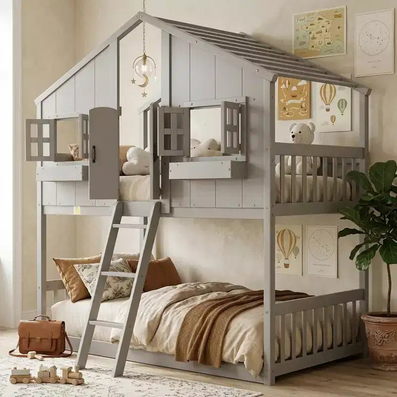 Letto a soppalco a forma di casetta con scaletta e spondine per bambini, in legno, misura singola