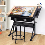 Tavolo da disegno regolabile in altezza, Tavolo da disegno inclinabile da 0 a 75 gradi per adulti, Scrivania da artista con 2 cassetti portaoggetti, con sgabello
