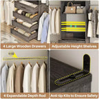 Besiost Sistema Organizer per Armadio in Legno 4-9 piedi con 4 Cassetti, 4 Aste Appendiabiti e Torri Scaffale