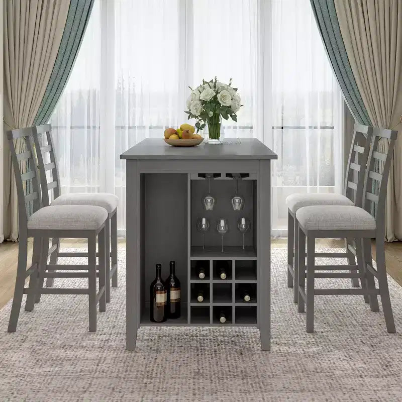 Set da pranzo da 5 pezzi in stile rustico ad altezza bancone con sedie per 4 persone, tavolo rettangolare in legno con ripiani e scomparto per bar/vino