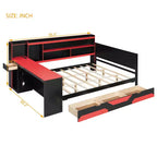 Daybed da gioco completo/queen size con testiera libreria, luci LED, scrivania integrata, cassetti e stazione di ricarica