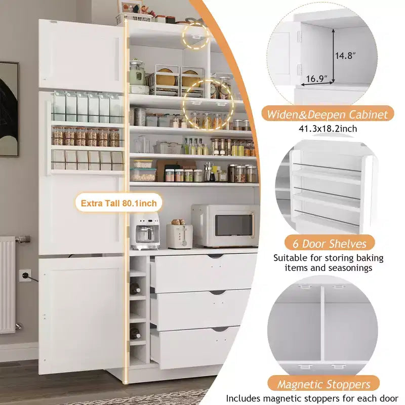 Dispensa Alta da Cucina con Prese di Corrente, Grande Credenza Autoportante con Supporto per Microonde, Cassetti, Scaffali, Portabottiglie e Ante con Ripiani