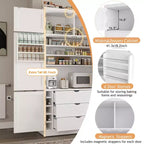 Dispensa Alta da Cucina con Prese di Corrente, Grande Credenza Autoportante con Supporto per Microonde, Cassetti, Scaffali, Portabottiglie e Ante con Ripiani
