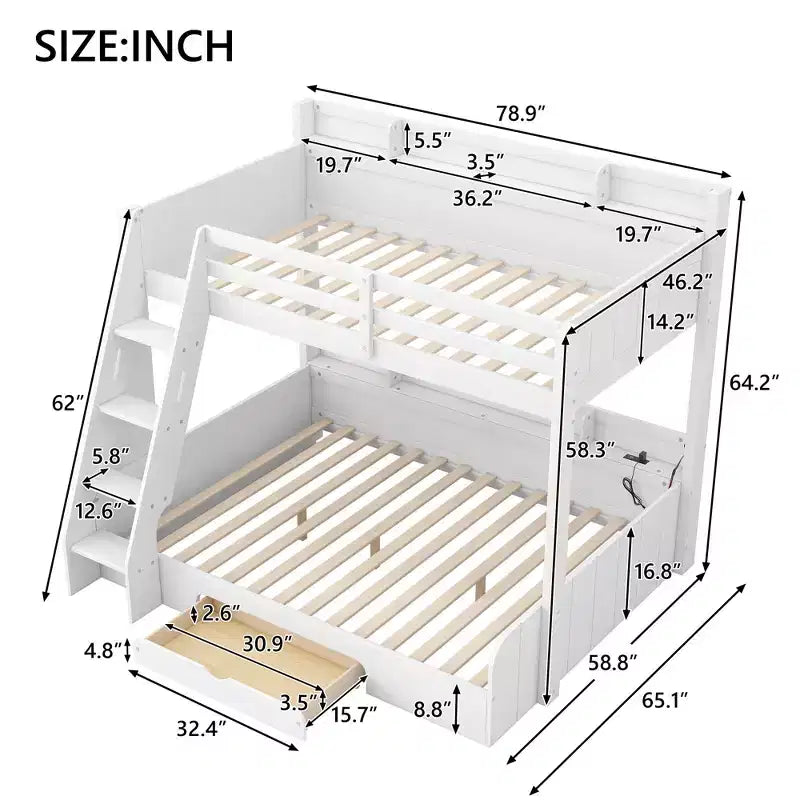 Letto a Castello con Letto Matrimoniale a Una Piazza e Mezza, con Contenitore, Luci a LED e Stazione di Ricarica, Letto a Castello in Legno con Scaffali Laterali per Bambini e Ragazzi
