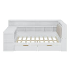 Divano Letto a "L" in Legno con Scrivania, Mobile Libreria, Letto Angolare con Cassetti Sottostanti, Testiera Imbottita con Luce Integrata