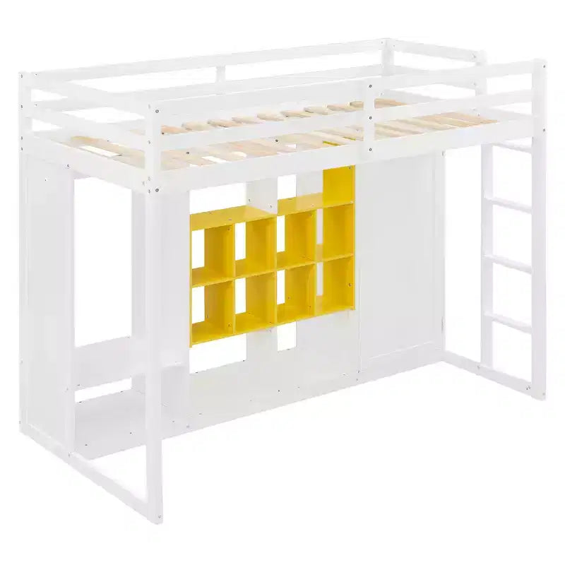 Letto a soppalco per bambini con armadio e mensole, Struttura in legno per letto a soppalco con mobiletto contenitore per bambini e ragazzi