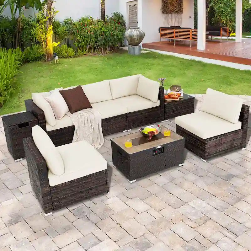 Set di mobili da giardino in rattan da 8 pezzi con braciere, supporto per bombole e copertura
