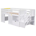 Letto a soppalco basso in legno massiccio, piazza e mezza, 94.6L x 42.3W, con scala, cassetto e mensola, design moderno e pulito