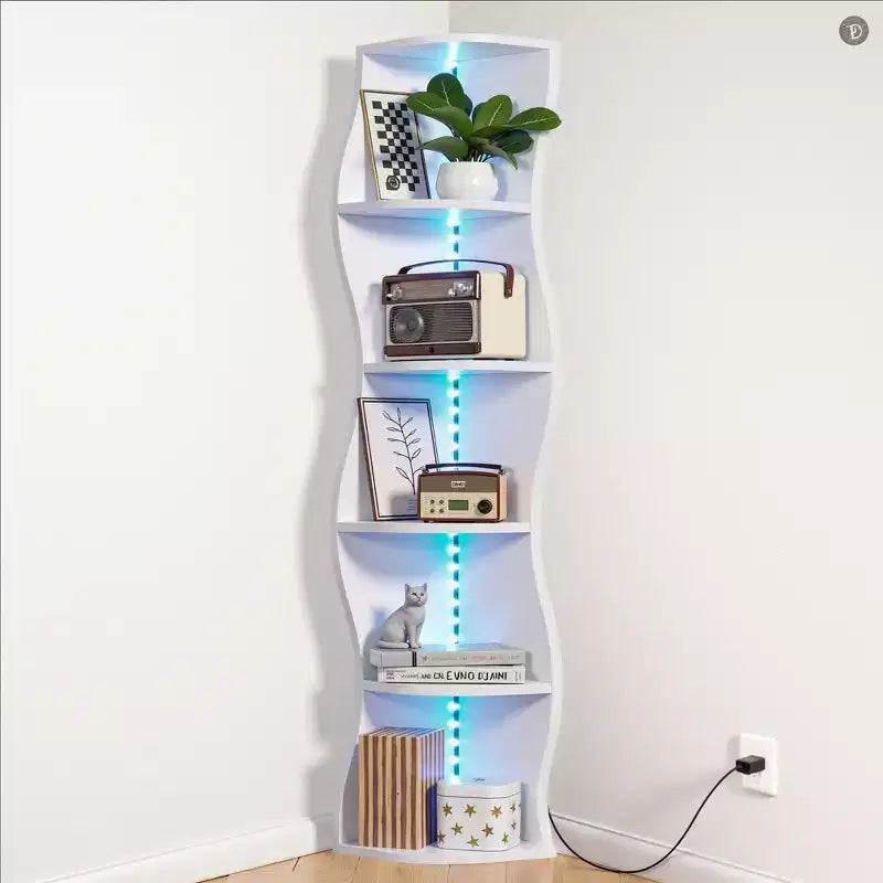 VECELO Scaffale angolare a 5 ripiani Wave, Scaffale espositivo verticale alto per piccoli spazi e soggiorno, Bianco