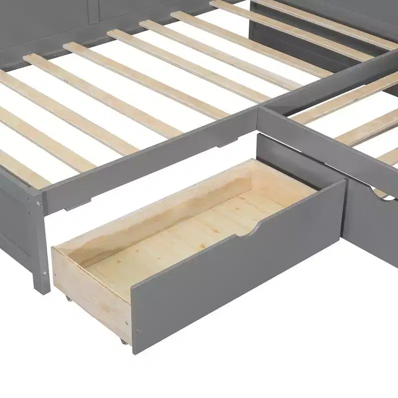 Letto a piattaforma a L una piazza e mezza con letto estraibile e stazione di ricarica, struttura del letto in legno con libreria