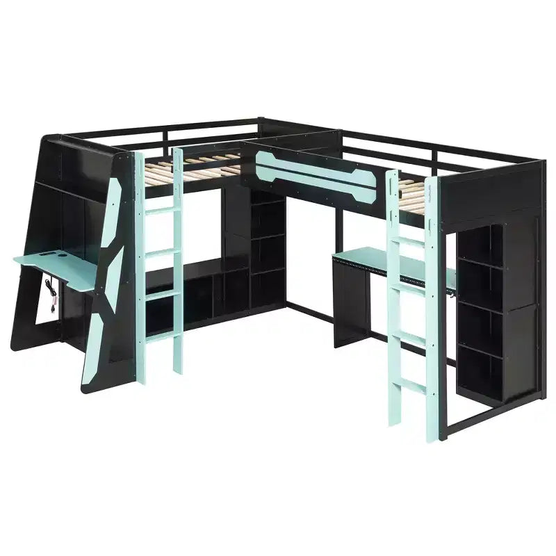 Letto a soppalco a L da gaming con scrivanie, letti a soppalco doppi con luci LED, porte USB, scaffali portaoggetti, letto a soppalco ad angolo in legno per 2