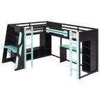Letto a soppalco a L da gaming con scrivanie, letti a soppalco doppi con luci LED, porte USB, scaffali portaoggetti, letto a soppalco ad angolo in legno per 2