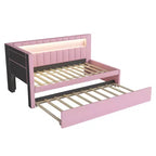 Letto da Giorno Twin/Full con Letto Estraibile e Testiera a Libreria a L, Letto Angolare Imbottito in Lino con Ripiani Portaoggetti e Cinghia a LED