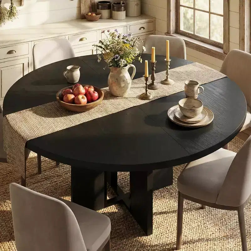 Tavolo da pranzo rotondo allungabile 47-63 per 4-8 persone, tavolo da cucina allungabile in legno stile rustico con struttura in metallo, salvaspazio ovale per appartamento, grigio retrò