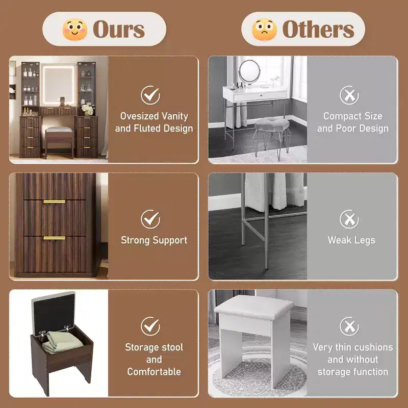 JVNOXK Set Toeletta Moderno da 43,5 Pollici con Specchio e Luce, con Cassetti e Mobiletto in Vetro Trasparente, Include Sgabello e Stazione di Ricarica, Marrone