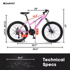 Okak Bici da montagna 24/26 pollici con 21 velocità e freni a doppio disco, bicicletta per bambini con sospensione anteriore da 100 mm, Dirt Bike per adolescenti e donne