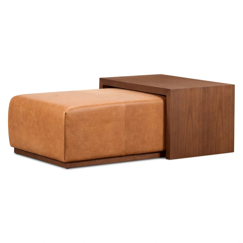 Pouf Jarmo Poly & Bark con Tavolino Regolabile in Noce - Vera Pelle Italiana Pieno Fiore