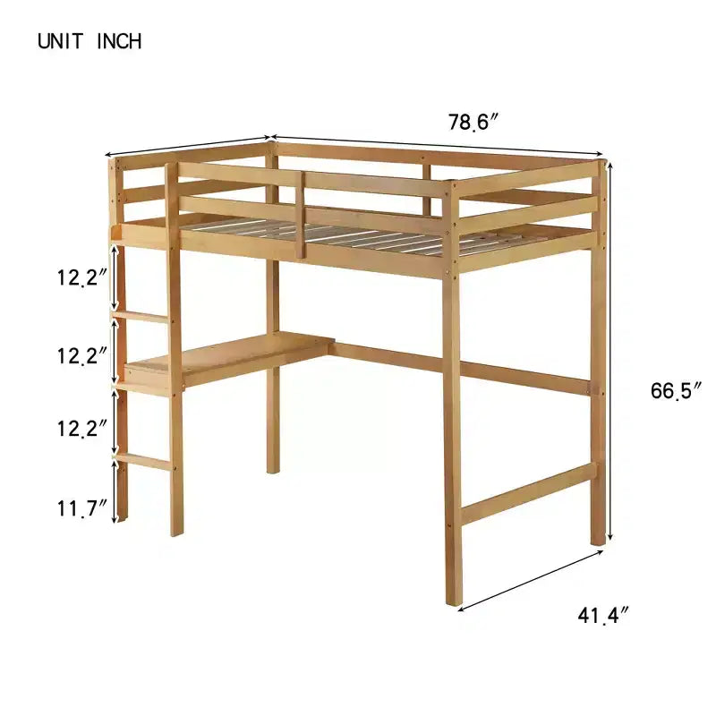 Letto a soppalco Okak Minimalism con scaletta, letto a soppalco singolo in legno di gomma con spondina di sicurezza e scrivania integrata, telai per letti per bambini, ragazzi