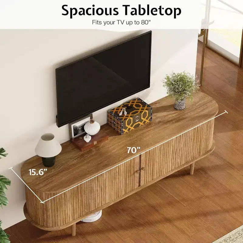 Mobile TV AMERLIFE 70 con gambe in legno massello, Consolle TV moderna di metà secolo con anta a tamburo