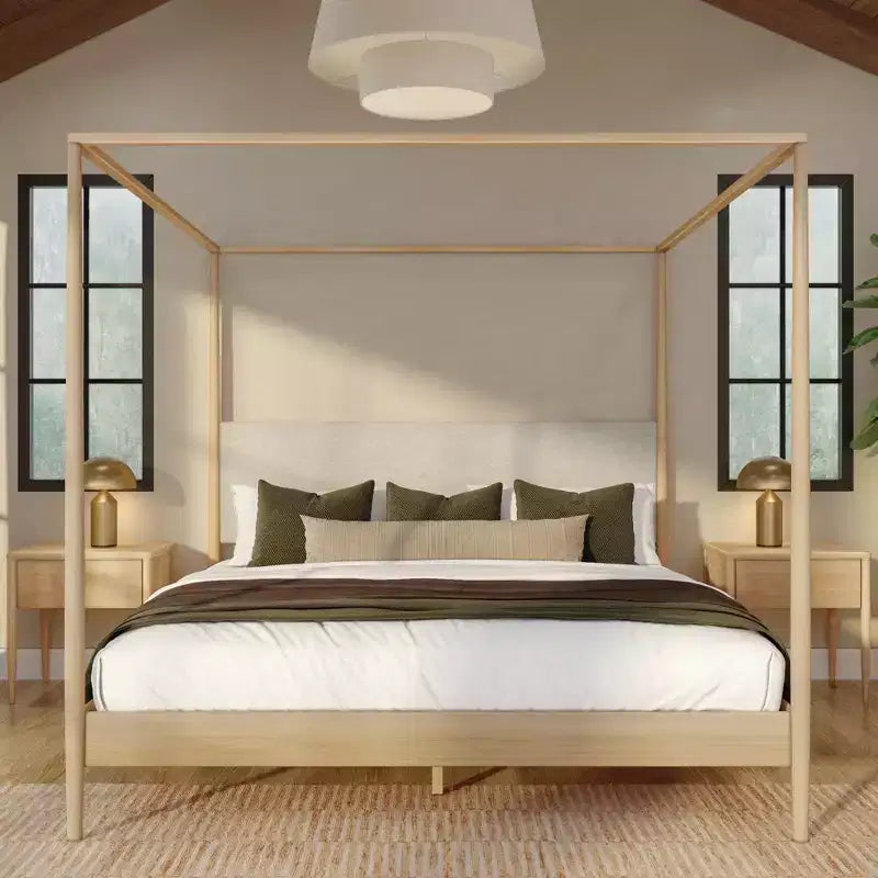 Letto a baldacchino Harbor King con testiera imbottita, biondo/Swiss Coffee (MD2411-01)