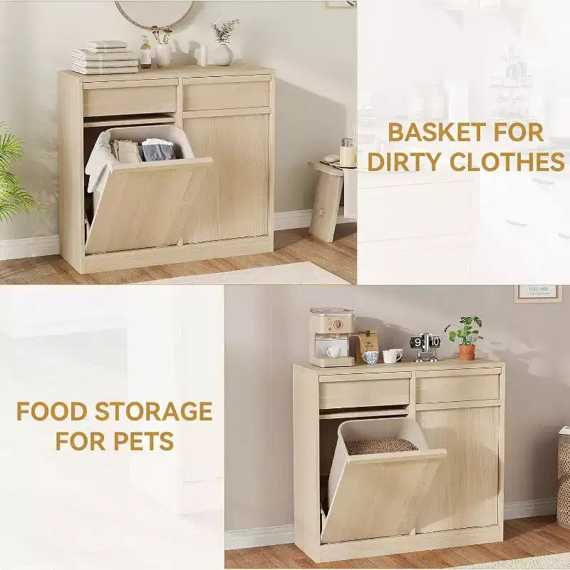 Pattumiera Inclinabile, Rovere Naturale, Pattumiera con Contenitore e Cassetto, Cestino Nascosto, Cesto Portabiancheria per Cucina, Sala da Pranzo, Soggiorno