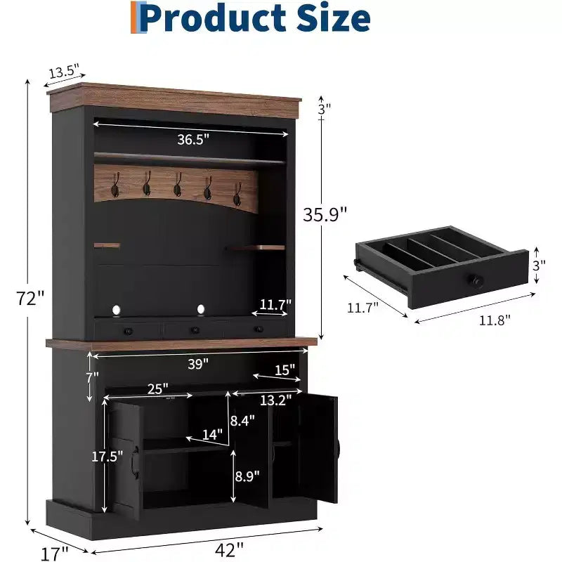 Mobile bar da caffè in stile rustico alto 72 pollici con luci LED, credenza da cucina con ante e cassetti, ripiani regolabili, ampio spazio di archiviazione