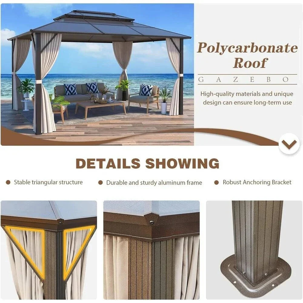 EROMMY Gazebo a tetto rigido, Pergola da esterno con doppio tetto, zanzariere e tende, Tenda da sole resistente per patio, cortile, feste in piscina