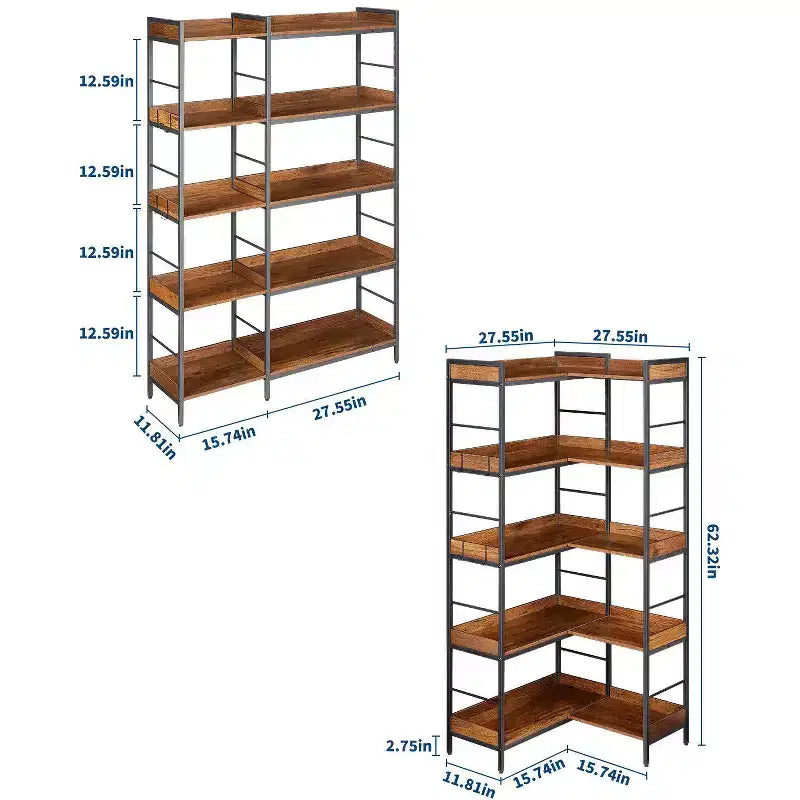 Scaffale angolare a 5 ripiani a forma di L, libreria industriale in legno e metallo da 65 pollici (marrone rustico), portaoggetti reversibile per soggiorno, camera da letto e ufficio