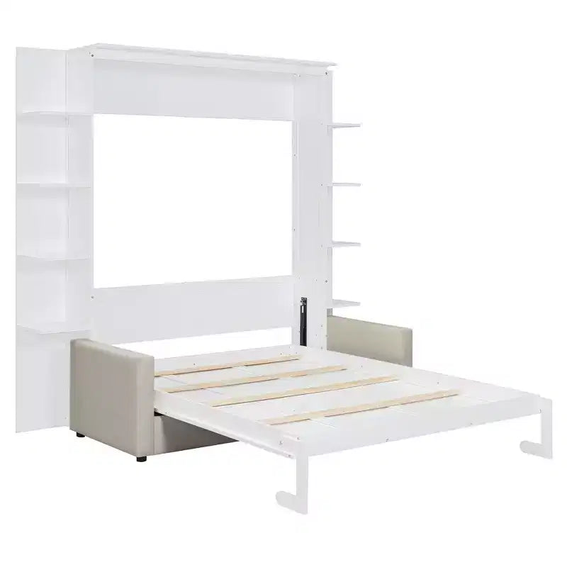 Letto a muro a scomparsa Whisen Modern Design con struttura in legno, Queen Size, con divano e mensole