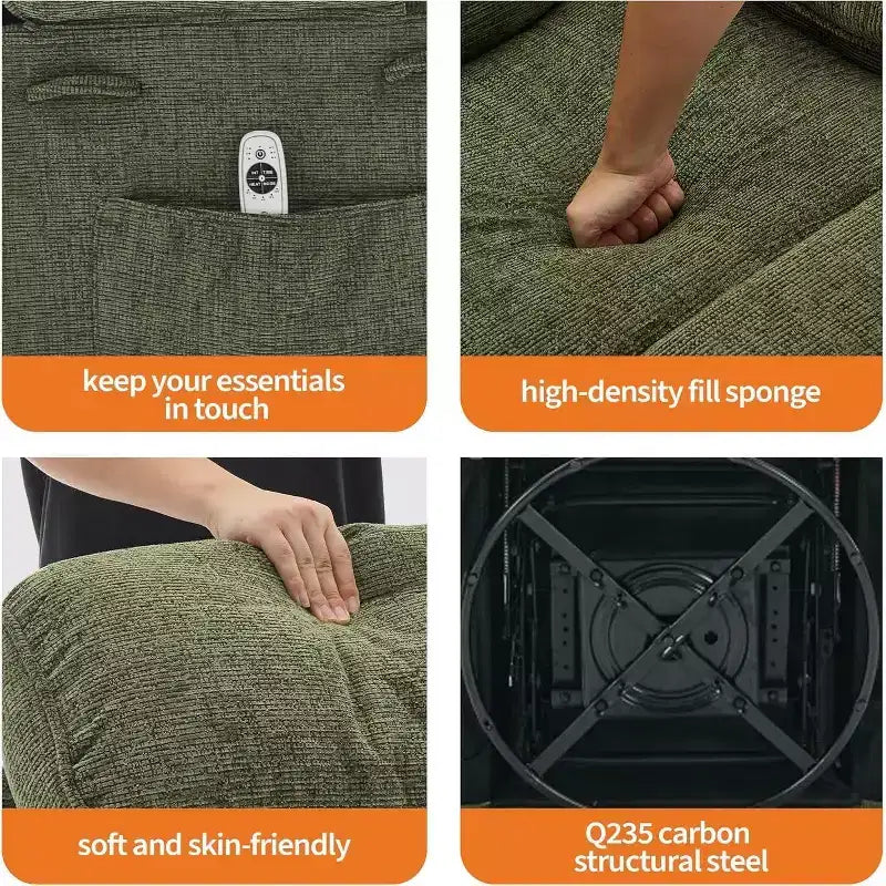 Poltrona reclinabile massaggiante con riscaldamento, poltrona reclinabile girevole a 360° per adulti, poltrona da asilo nido in lino con tasca laterale, due portabicchieri
