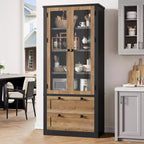 Dispensa da Cucina Coloniale con Ante in Vetro, Armadio Contenitore da 72 pollici con Cassetti e Ripiani Regolabili per Sala da Pranzo Bagno Soggiorno