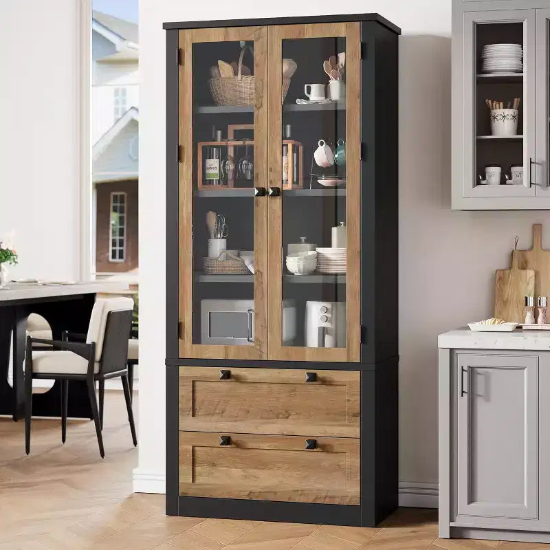 Dispensa da Cucina Coloniale con Ante in Vetro, Armadio Contenitore da 72 pollici con Cassetti e Ripiani Regolabili per Sala da Pranzo Bagno Soggiorno