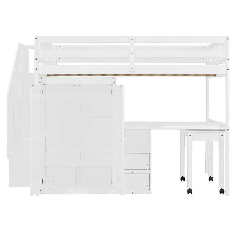 Letto a soppalco full-size con scala, libreria, scrivania e armadio - Mobili multifunzionali salvaspazio per bambini e ragazzi - Bianco