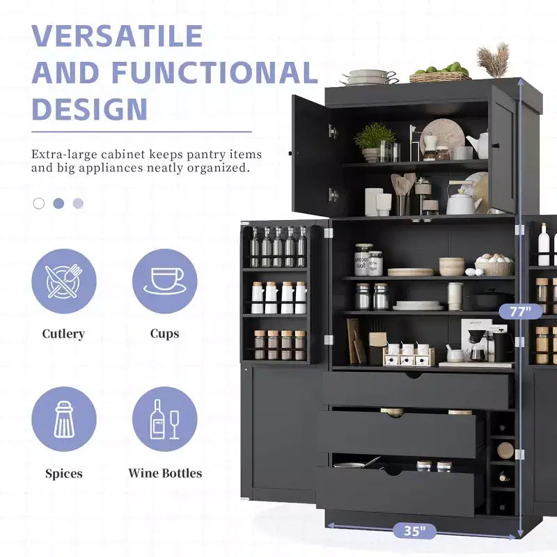 Dispensa da cucina indipendente 77H, armadio contenitore in stile rustico con ripiani regolabili, ripiani sulla porta, cassetti e portabottiglie - ModernLuxe