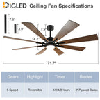 Ventilatore da soffitto con luci telecomandato e 8 grandi pale in legno