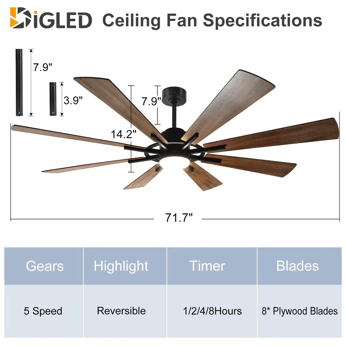 Ventilatore da soffitto con luci telecomandato e 8 grandi pale in legno