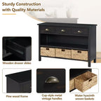 Consolle da Ingresso con Contenitore, Tavolo da Ingresso Stile Rustico con 3 Cassetti e 3 Cesti in Giacinto d'Acqua per Soggiorno o Ingresso - Panipeachy
