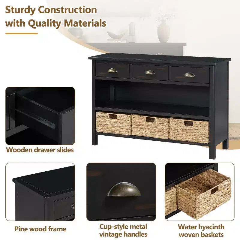 Consolle da Ingresso con Contenitore, Tavolo da Ingresso Stile Rustico con 3 Cassetti e 3 Cesti in Giacinto d'Acqua per Soggiorno o Ingresso - Panipeachy