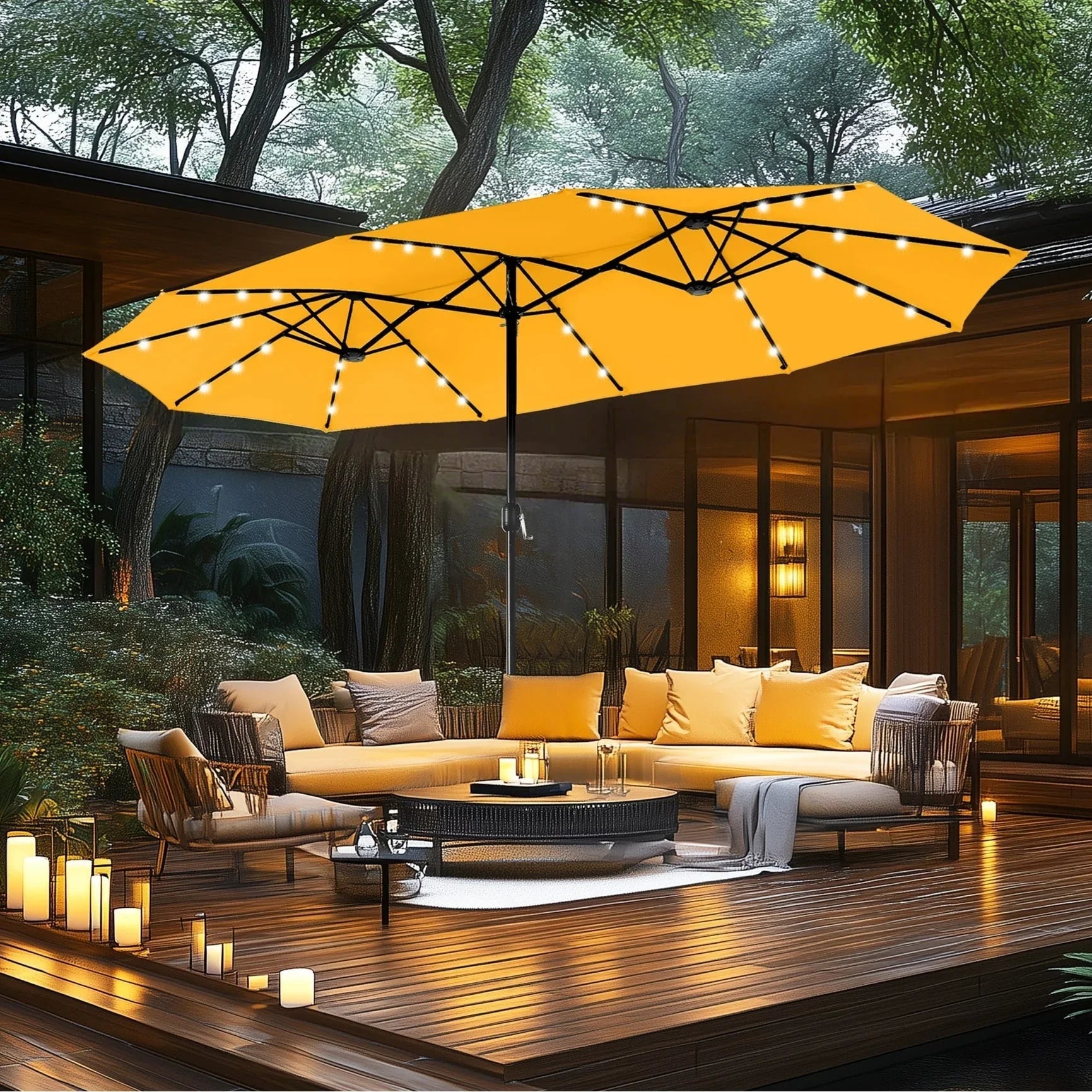MAISON ARTS Ombrellone rettangolare da esterno a manovella con doppia falda da 4,5 metri, con luci a LED solari e base inclusa