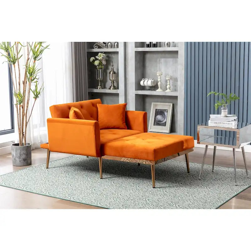 Divano letto-poltrona in velluto trapuntato con piedini color oro rosa per salotto