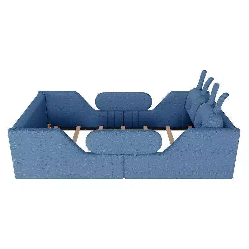 Whisen Twin - Letto a piattaforma, Letto imbottito da pavimento per bambini con cuscino a coniglio, Sponde laterali rimovibili