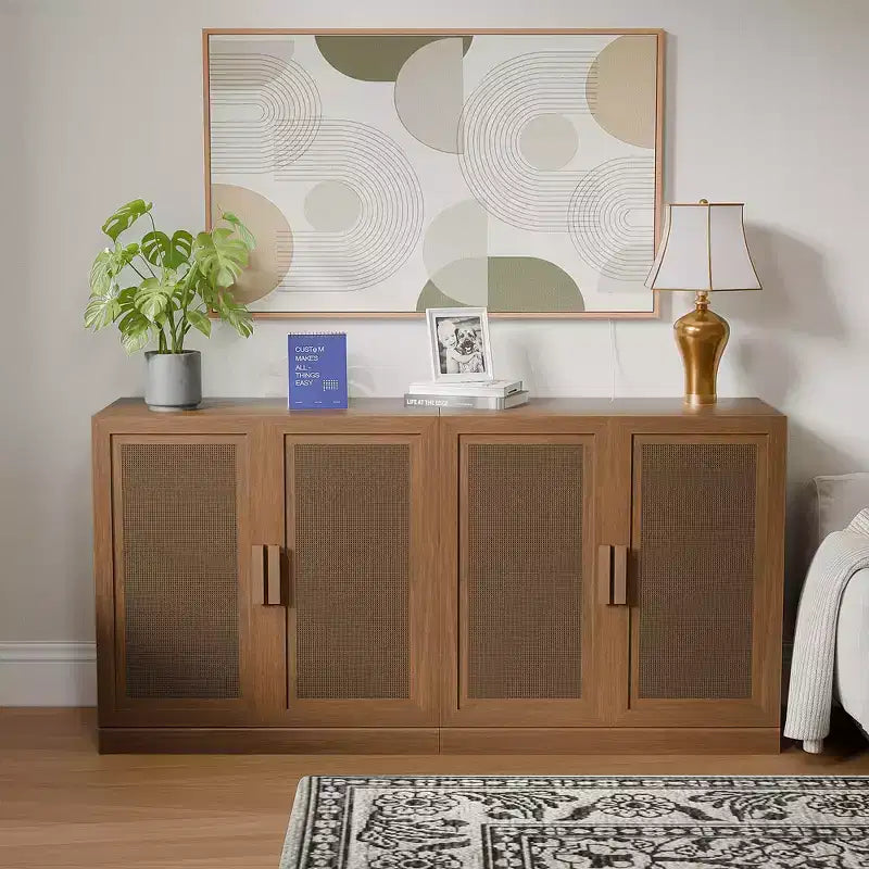 Credenza con ante in rattan a 3 scomparti, armadietto contenitore con ripiani regolabili - 93Lx31H