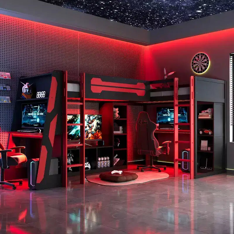 Letto a soppalco a L da gaming con scrivanie, letti a soppalco doppi con luci LED, porte USB, scaffali portaoggetti, letto a soppalco ad angolo in legno per 2