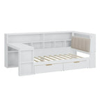 Divano Letto a "L" in Legno con Scrivania, Mobile Libreria, Letto Angolare con Cassetti Sottostanti, Testiera Imbottita con Luce Integrata